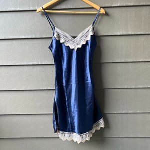 navy blue and tan lace slip dress
